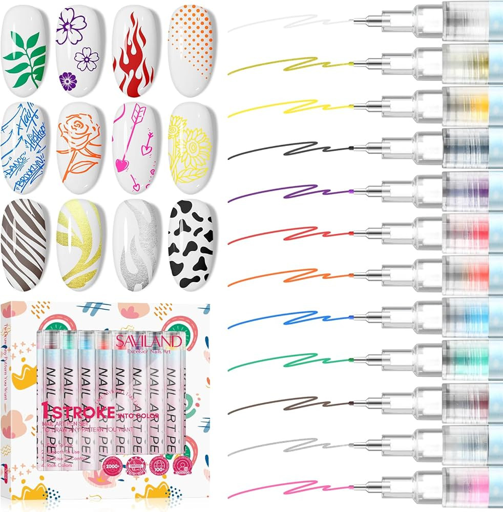 SAVILAND Nail Art Pens Set: 12 Colors 0.5MM 3D Nail Polish Pens Quick Drying Acrylic Paint Nail A... | Amazon (US)