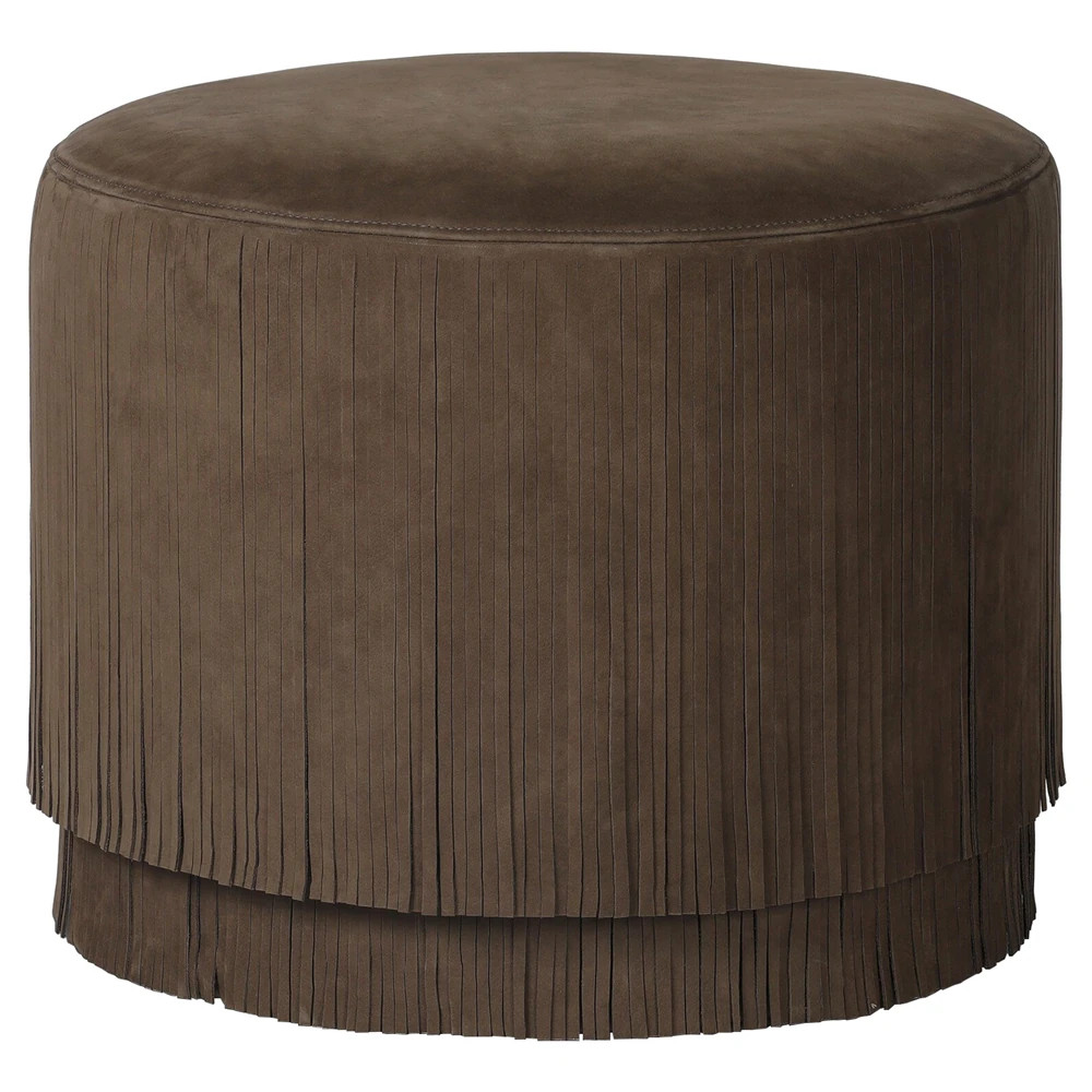 Rooney Modern Classic Brown Leather Fringed Round Ottoman | Kathy Kuo Home