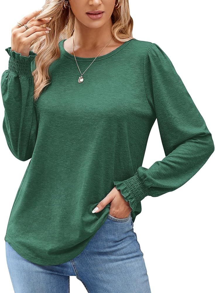 LAISHEN Womens Shirts Long Sleeve Tops Crew Neck Ruffle Dressy Casual Blouse Loose T Shirts | Amazon (US)