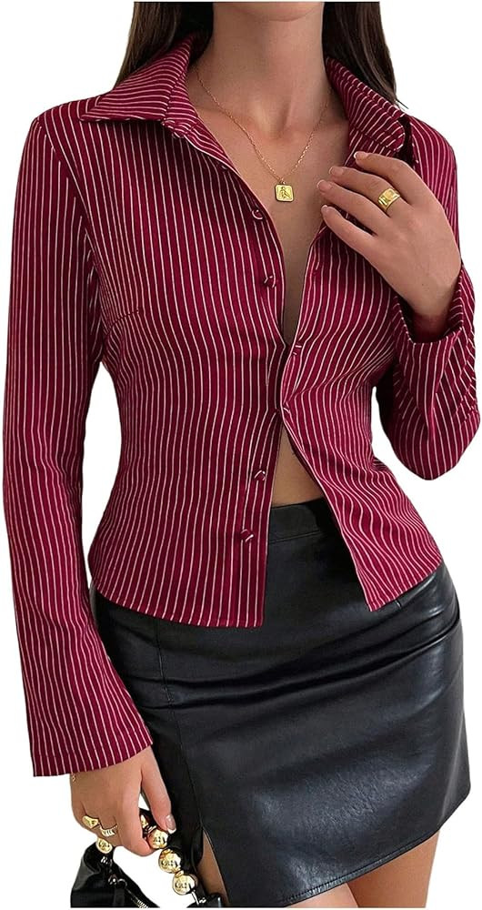SweatyRocks Women's Striped Collar Long Sleeve Slim Fit Button Down Shirts Work Blouse | Amazon (US)