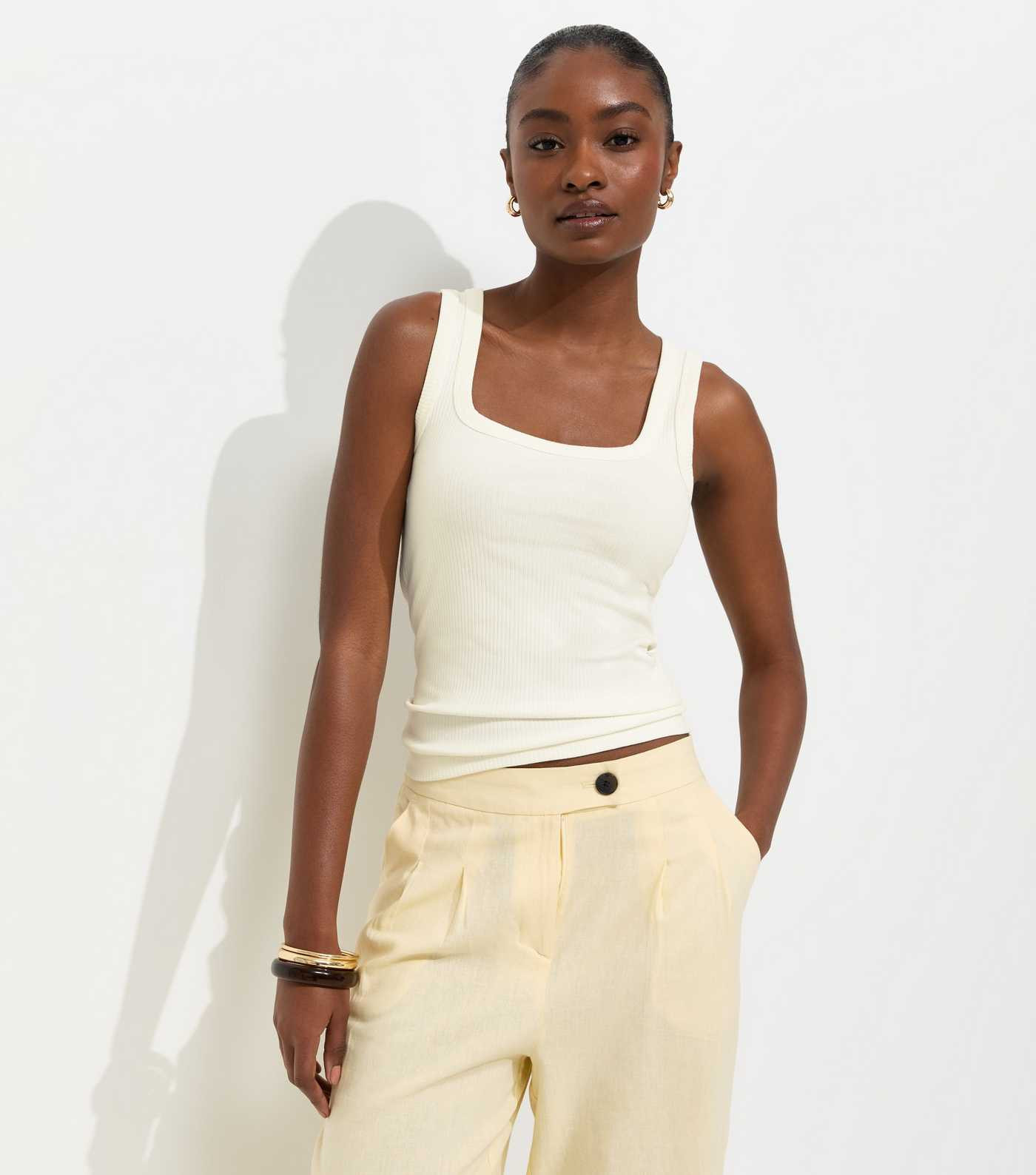 Off White Ribbed Cotton Rich Square Neck Vest | New Look | New Look (UK)