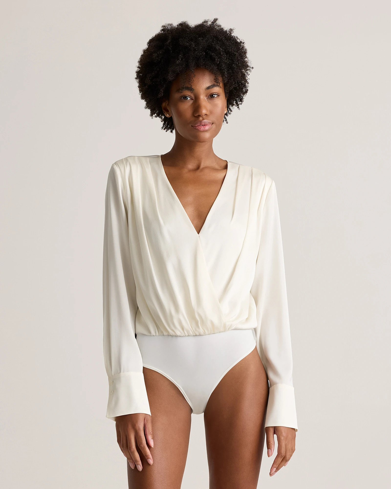 Quince | Women's Washable Stretch Silk Surplice Bodysuit in Ivory, Size Small | Quince