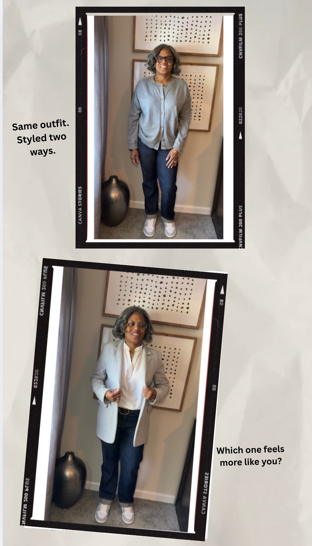 Same @Madewell jeans. Same @Nike US  sneakers.
Just a simple switch ✨

Which look are you choosing today —
👉🏾cardigan or blazer?

#ootdstyle #womenover50style #everydaystyle #casualoutfits #over50fashion #madelldenim