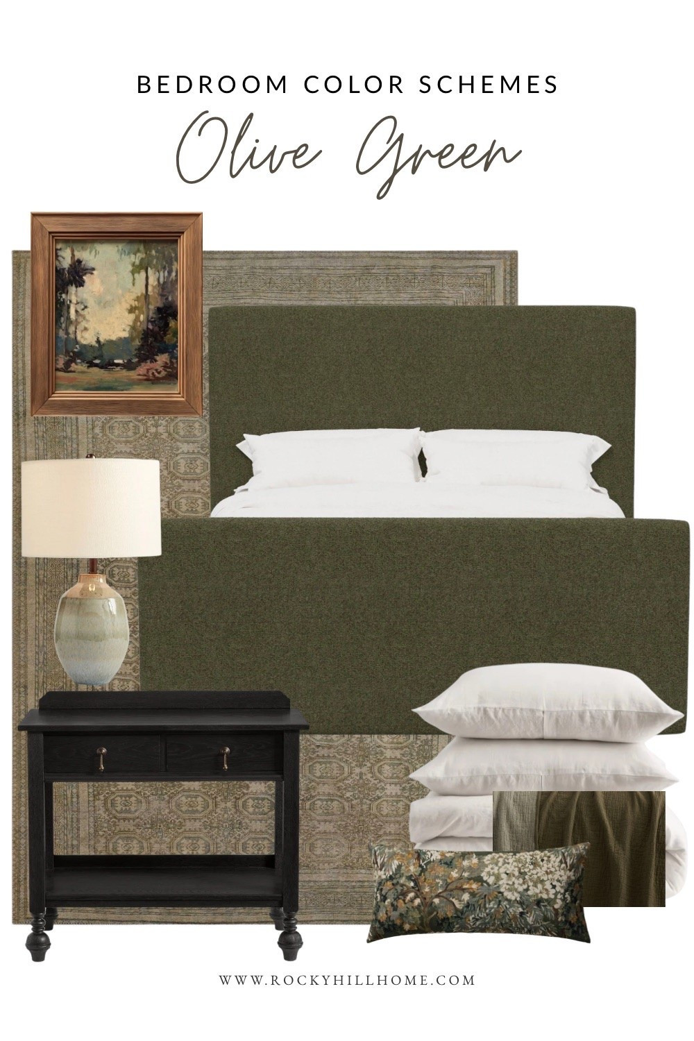 Olive green bedroom ideas are great for creating a cozy, collected feel. This moody bedroom color scheme layers deep green upholstered bed from Lulu and Georgia, vintage-inspired patterns, black nightstands from Pottery Barn, and crisp white bedding for a cozy modern traditional look that feels timeless and collected.

#LTKHome #LTKSaleAlert