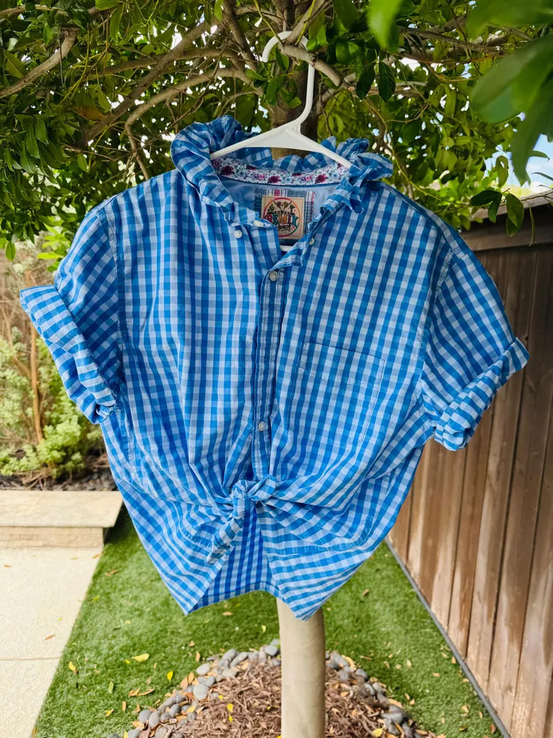 Upcycled men\u2019s med ruffle collar Banana Republic shirt finished hem cute floral print ribbon... | Etsy (Global)