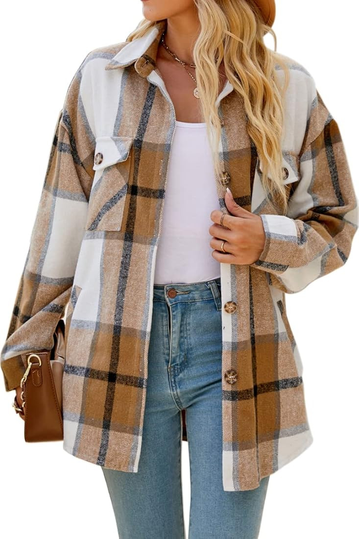 CHYRII Women's Casual Flannel Plaid Shacket Button Down Long Sleeve Shirt Jacket Coats with Pocke... | Amazon (US)