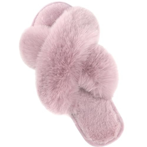 Parlovable Women's Fuzzy Slippers Comfy Cross Band House Shoes Memory Foam Open Toe Indoor Gifts for Ladies Purple 5-6 | Amazon (US)