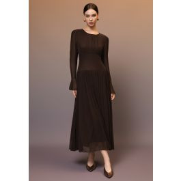 Flare Cuffs Gathered Mesh Maxi Dress in Brown for Brunch Occasion & Vacation Outing | Chicwish