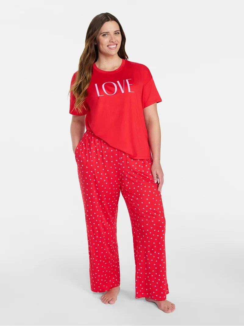 Joyspun Women's Dreamy Soft Collection Short Sleeve Sleep Top and Open Leg Pants Valentine's Day ... | Walmart (US)