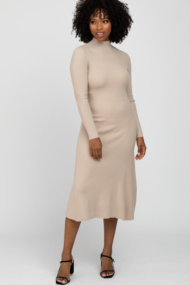 Beige Mock Neck Flared Midi Dress | PinkBlush Maternity