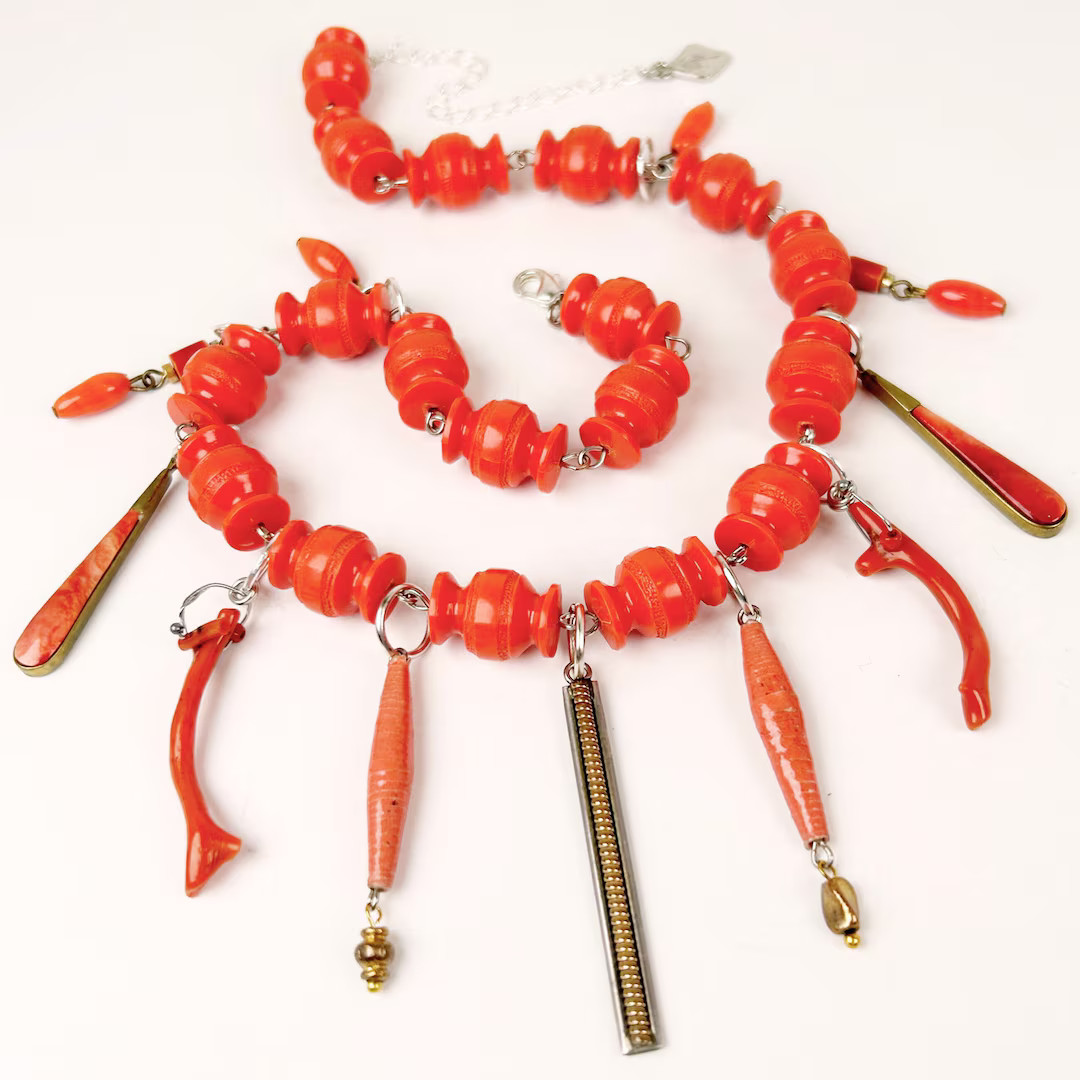 SAUDADE Coral Branches and Other Charms Decorate a Necklace With Vase-shaped Resin Beads - Etsy | Etsy (US)