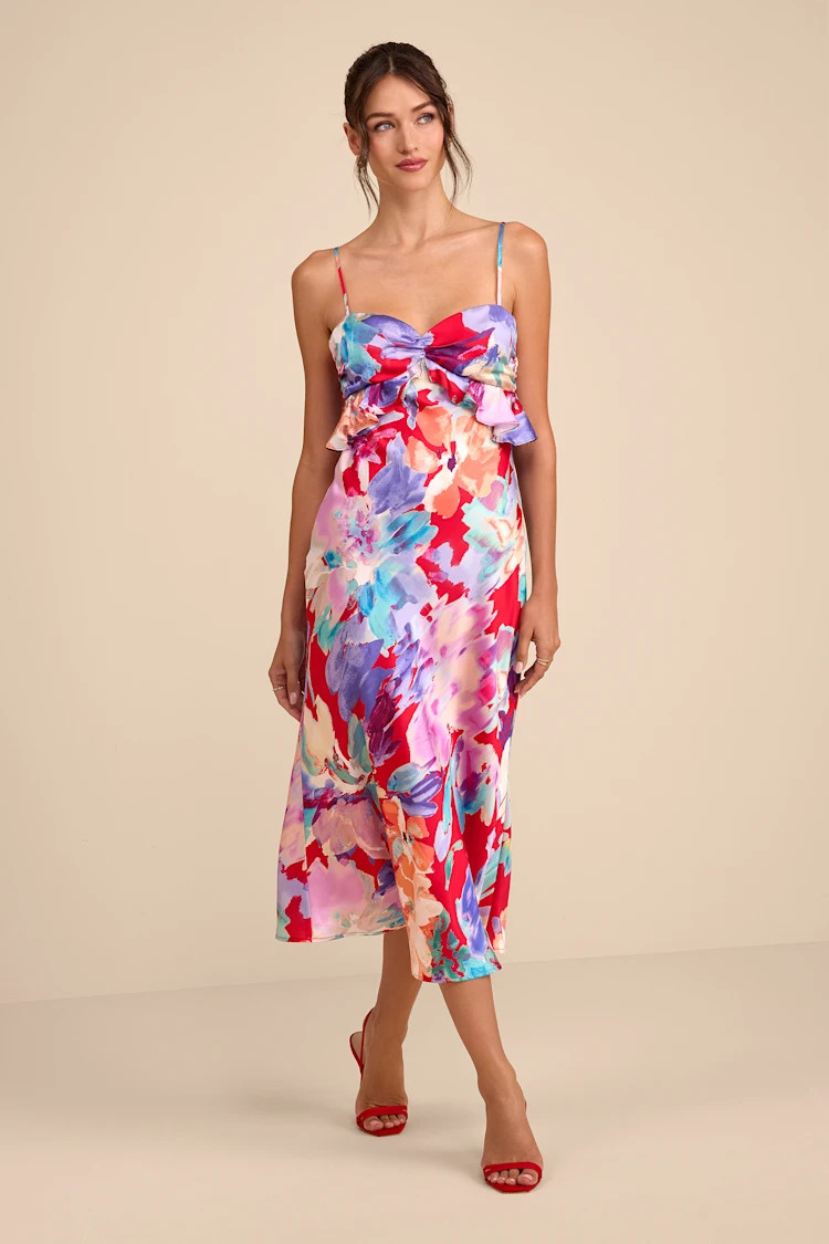 Augustina Red Multi Floral Satin Ruffled Midi Dress | dinner party outfits  | Lulus