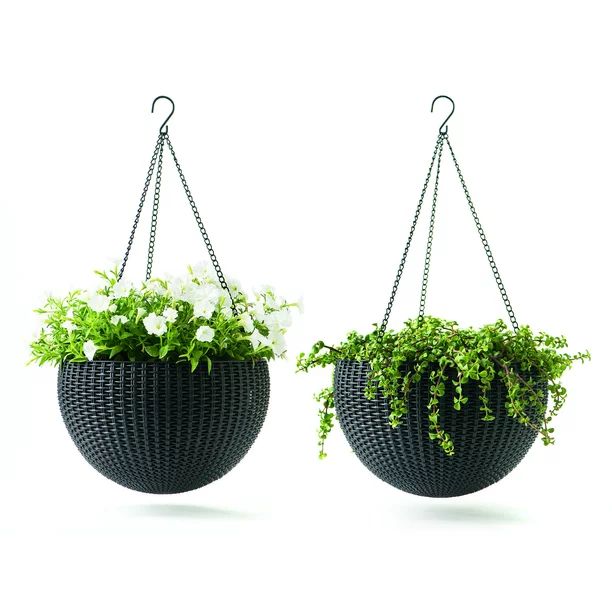 Keter Resin Rattan Set of 2 Round Hanging Planter Baskets for Indoor and Outdoor Plants, Anthraci... | Walmart (US)