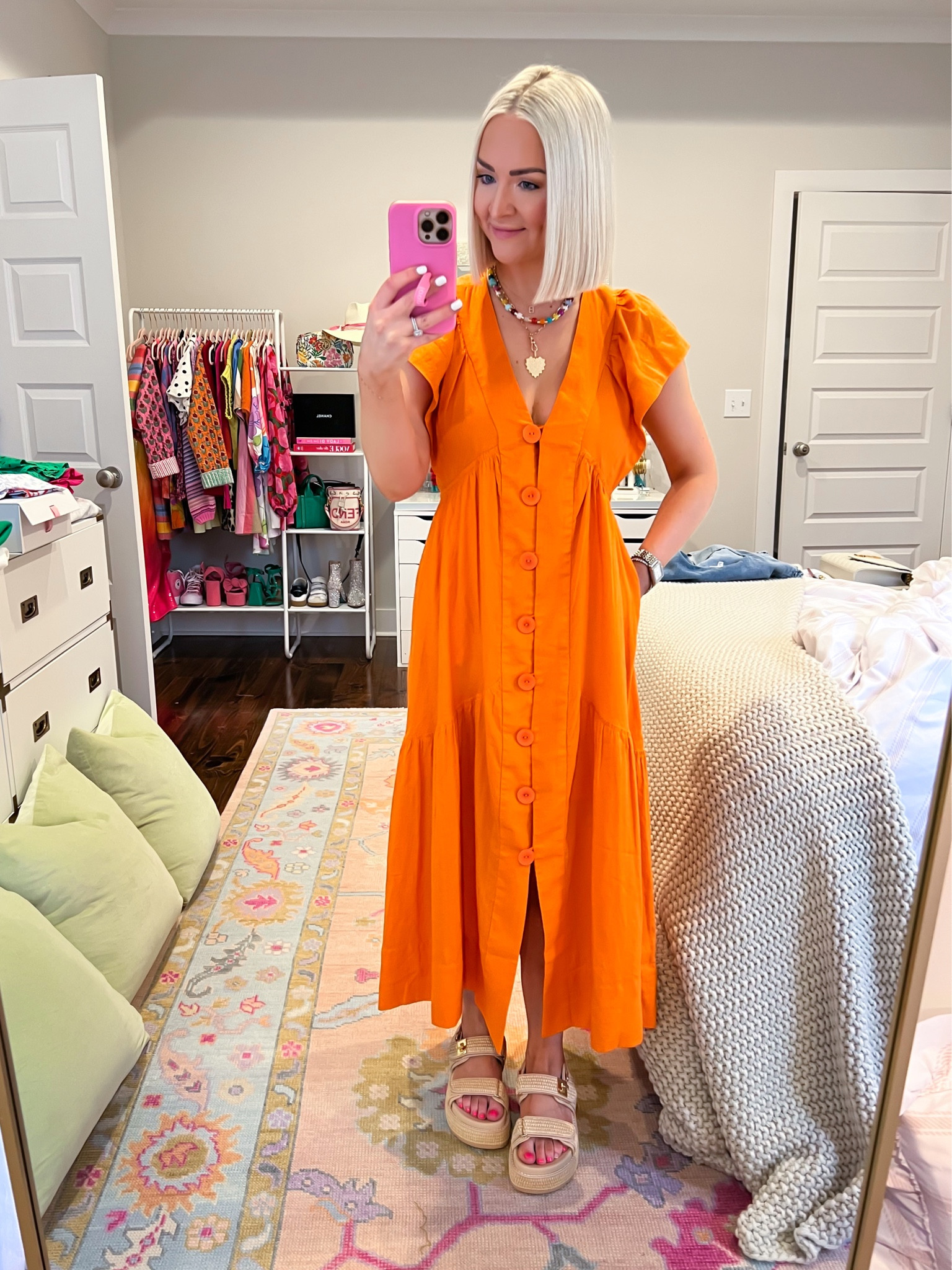 Orange midi dress (size XXS) / raffia platform sandals / heart necklace 

#LTKSeasonal