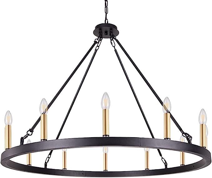 Tochic 39'' Wagon Wheel Chandelier, 12 Lights Large Black & Gold Farmhouse Chandeliers for Dining... | Amazon (US)