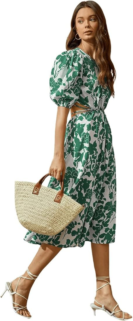 SweatyRocks Women's Boho Floral Puff Sleeve Cut Out Dress Tie Back A Line Midi Dresses | Amazon (US)