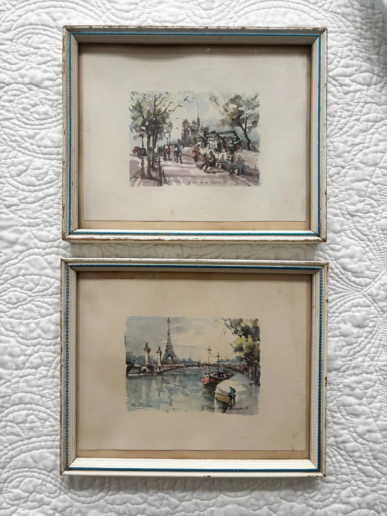VINTAGE FRENCH WATERCOLOR Prints \u2022 Mid-Century Framed Prints of Paris, France, Eiffel Tower ... | Etsy (Global)