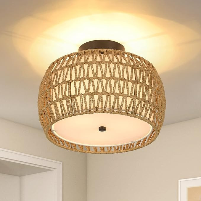 3-Light Semi Flush Mount Ceiling Light, Woven Rattan Light Fixtures Ceiling Mount, Handmade Boho ... | Amazon (US)