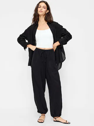 Mid-Rise Linen-Blend Cinched-Ankle Pants | Old Navy (US)