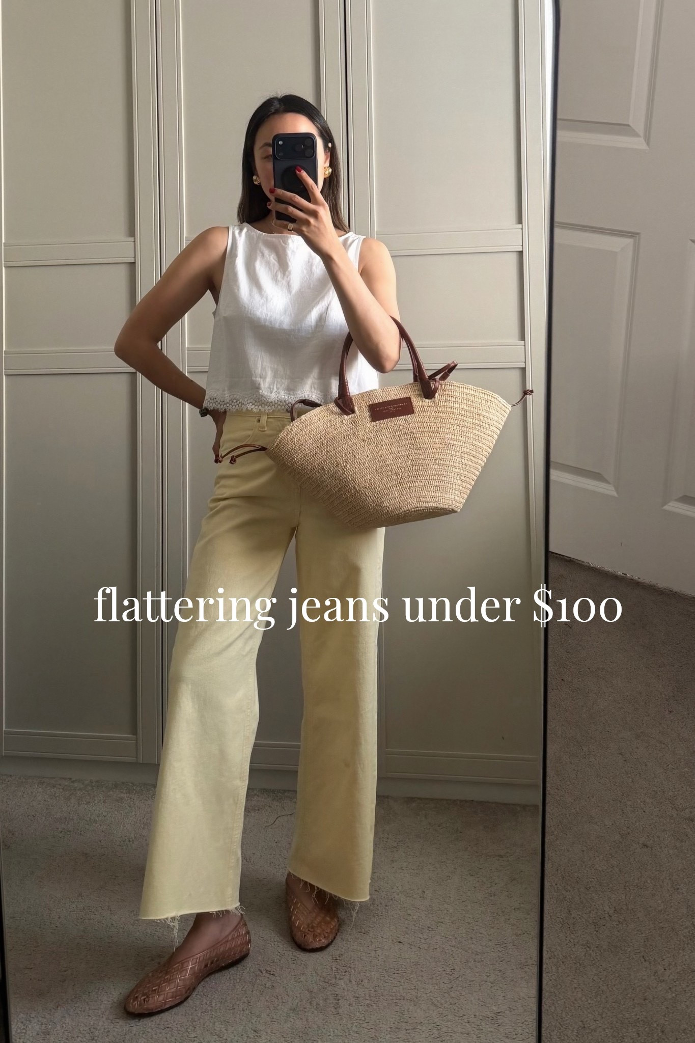 Flattering jeans under $100

Gap ankle wide leg jeans — yellow wash was just restocked in a few sizes in the regular length, wearing size 25 reg
Eyelet top — xs 
Sezane tote 
Dolce vita jelly flats — well cushioned

#LTKootd