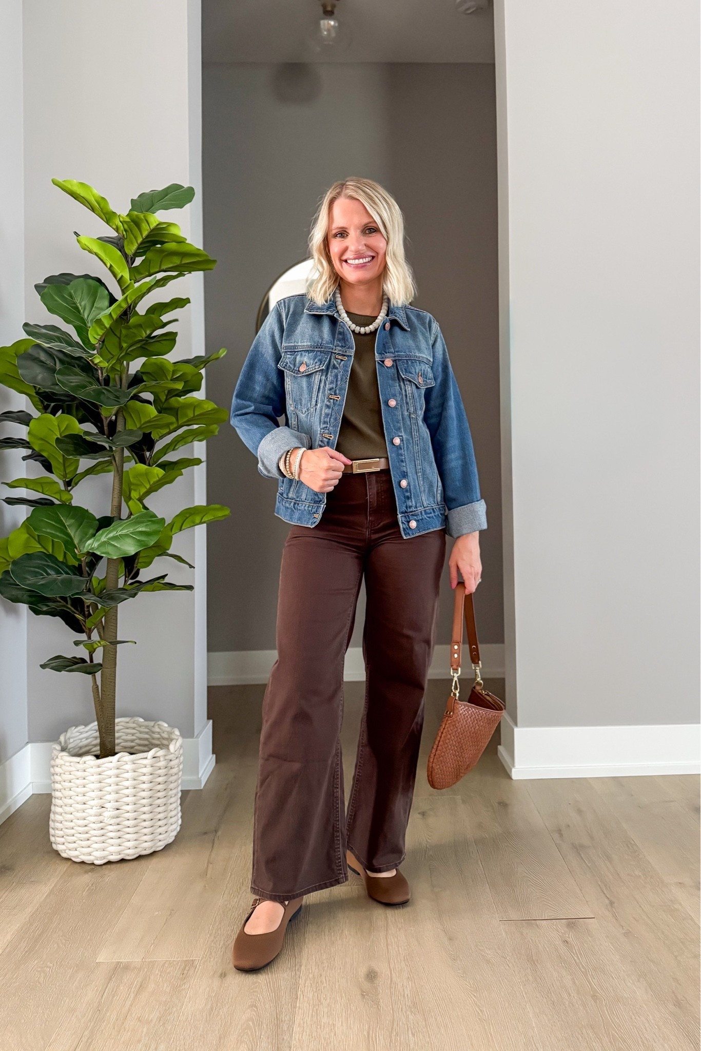 Olive green top with a denim jacket and brown jeans is a classic fall look! 
Top- small (color out of stock, check for restock) 
Denim jacket- xs
Jeans- 25/short

#LTKPetite #LTKOver40 #LTKSeasonal