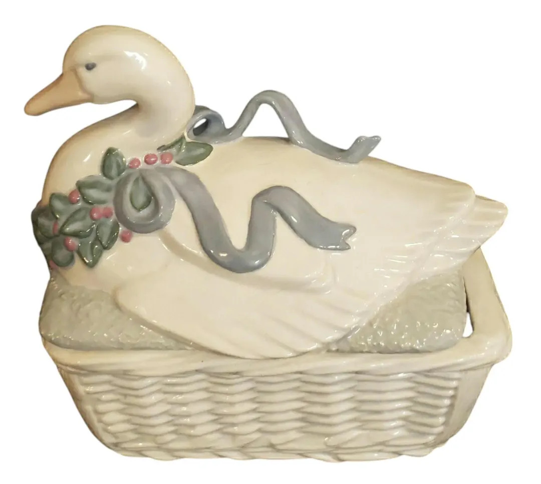 Ceramic Goose on a Basket Trinket Dish Covered Blue Bowed Goose Vintage Farmhouse Swan Wicker Bas... | Etsy (US)