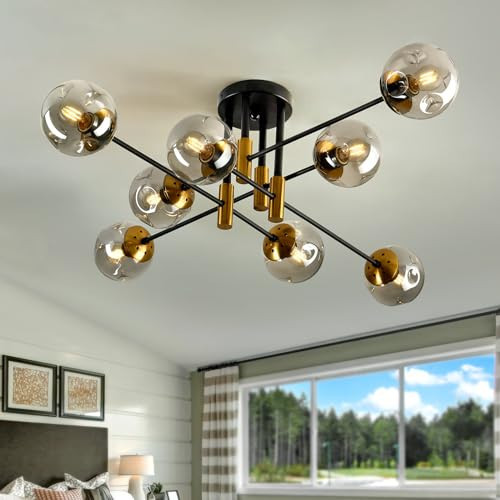 SZXYKEJI 8 Light Glass Globe Ceiling Light Black and Gold Mid Century Flush Mount Sputnik Light Fixture Bubble Chandelier Living Room Farmhouse for Dining Room Kitchen Bedroom. | Amazon (US)