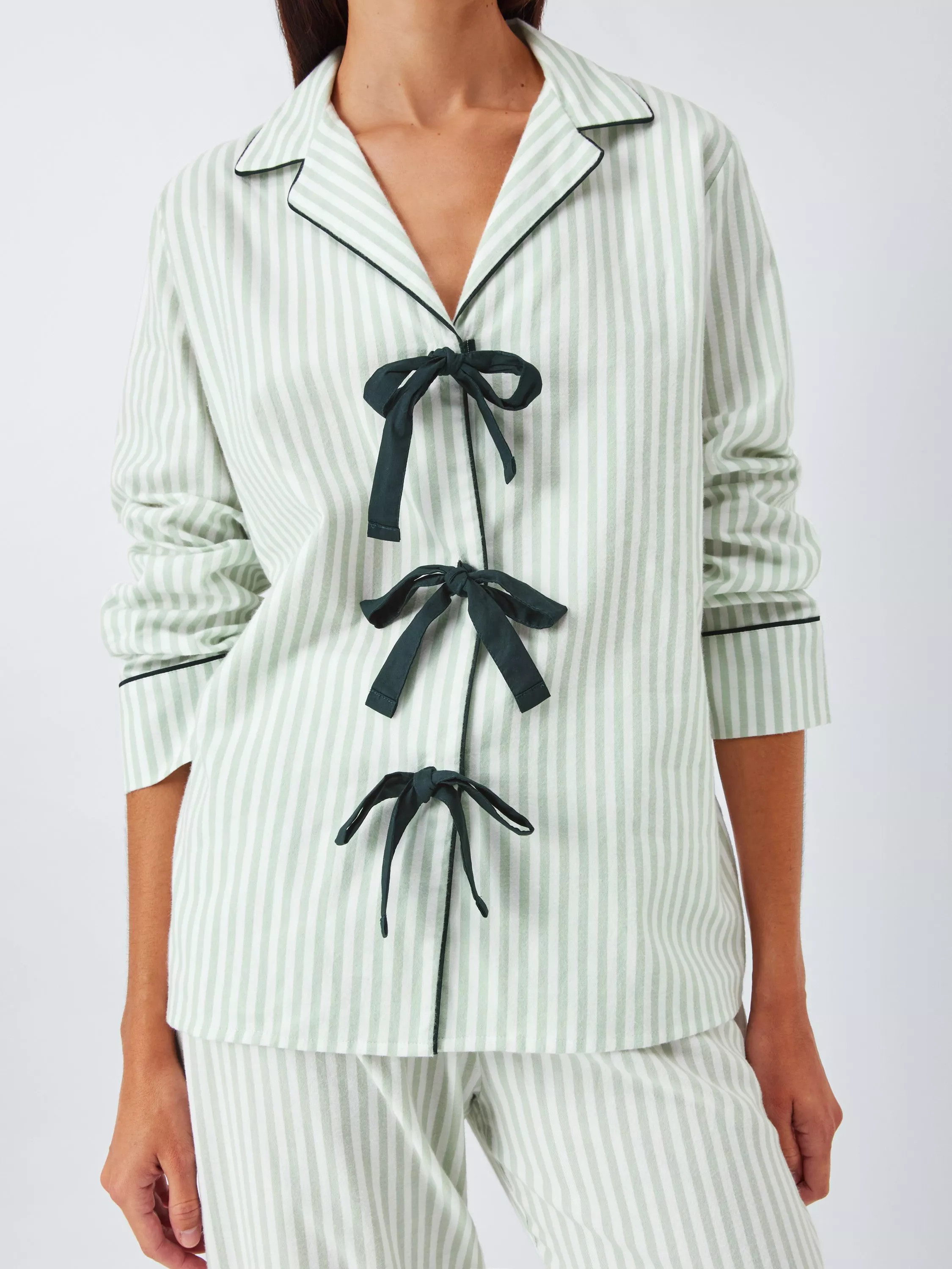 John Lewis Bow Stripe Button Through Long Pyjama Set, Light Sage | John Lewis (UK)