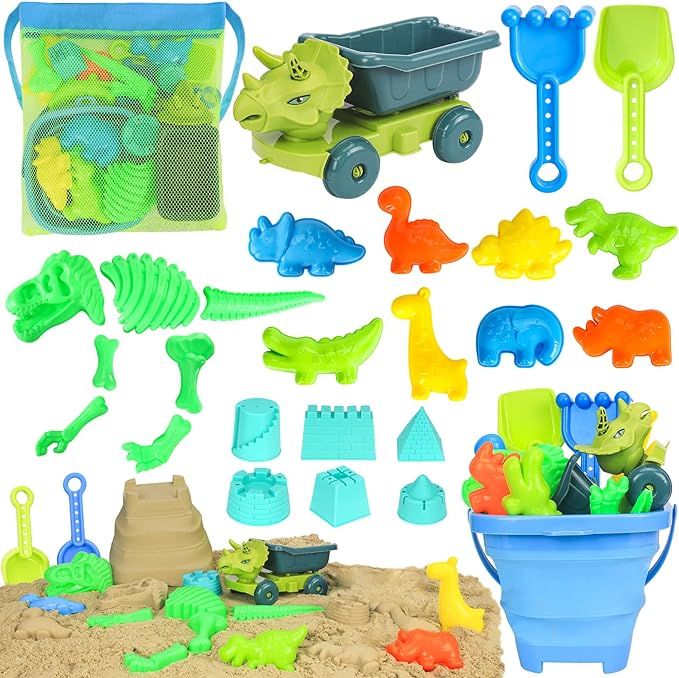 FUSPWEAO Beach Toys, Dinosaur Sand Toys with Dump Truck and Collapsible Beach Bucket, Shovel and ... | Amazon (US)