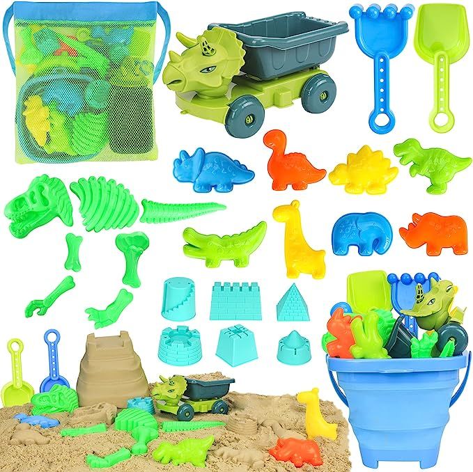 FUSPWEAO Beach Toys, Dinosaur Sand Toys with Dump Truck and Collapsible Beach Bucket, Shovel and ... | Amazon (US)