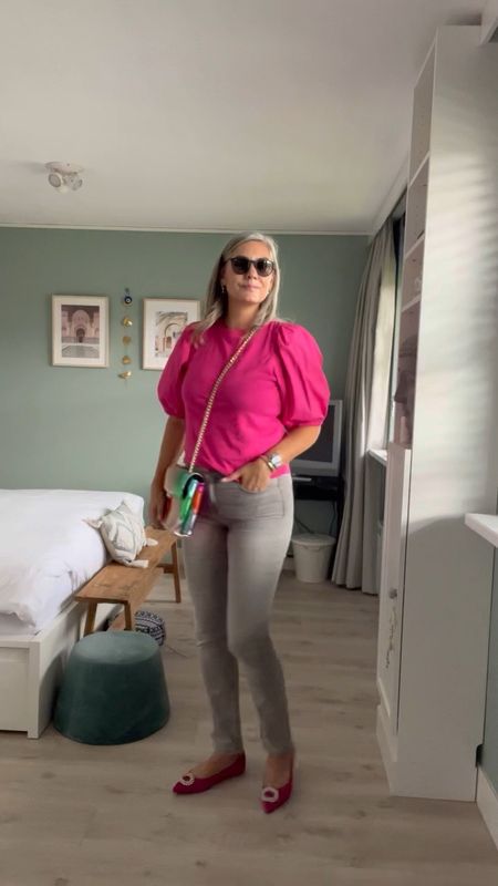 30 days of summer outfits. Silvian Heach fuchsia puff sleeve top with Marks and Spencer’s Sienna straight jeans in grey, satin fuchsia diamanté flats, rainbow handbag and Ray Ban Erica sunglasses. Rituals perfume. 

#LTKcurves #LTKeurope #LTKstyletip