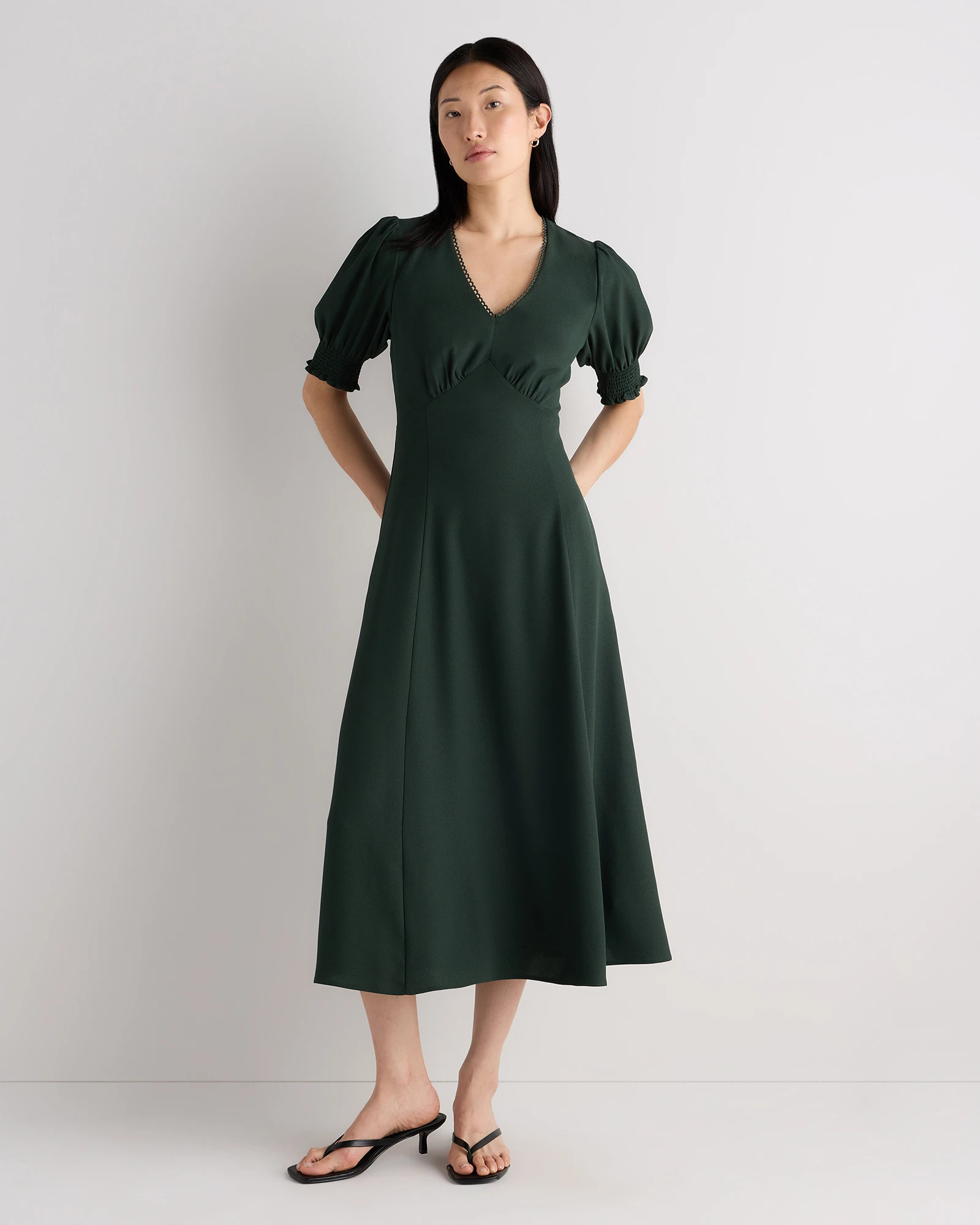 Quince | Women's Matte Crepe Puff Sleeve Midi Dress in Forest Green, Size Large, Viscose | Quince