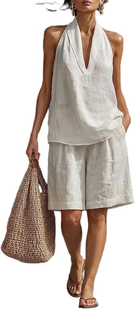 Women's 2 Piece Short Sets Linen Sleeve V Neck Halter Matching Short Suit Summer Casual Oversized... | Amazon (US)