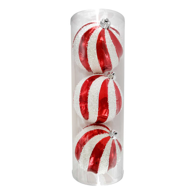 3-Count Glittered Red & White Swirled Shatterproof Ornaments | At Home