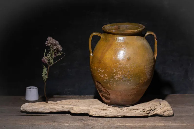 Vintage European Pottery Jar | Large Rustic Terracotta Vessel | Green Glaze Farmhouse Decor - Ets... | Etsy (Global)