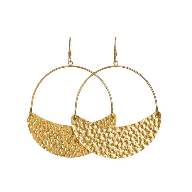 Hammered Gold Aster Crescent Hoop Leather Earrings | Nickel and Suede