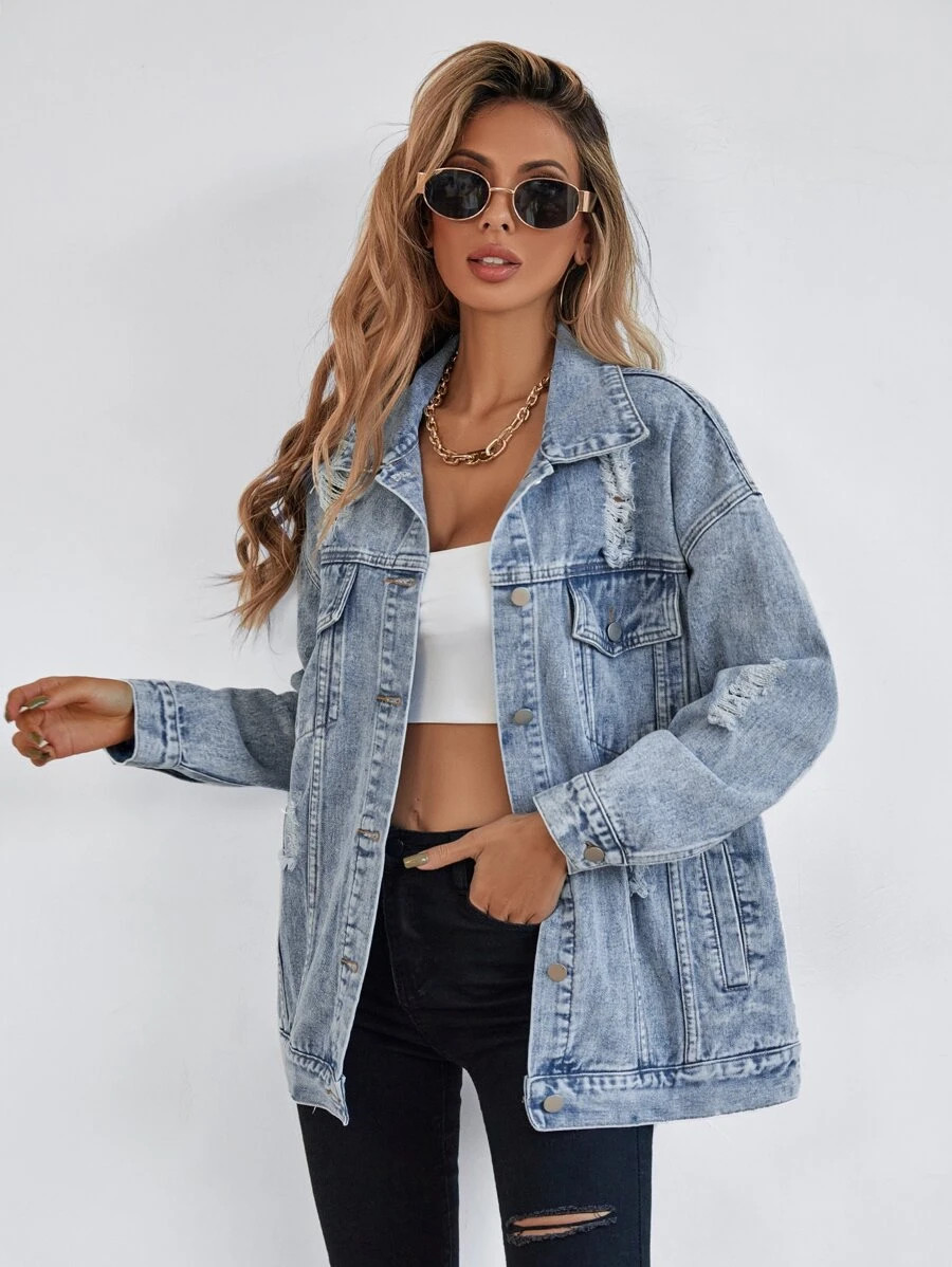 SHEIN Frenchy Button Blue Front Flap Pocket Drop Shoulder Denim Jacket | SHEIN