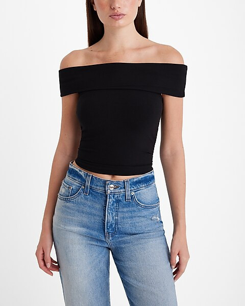 Fitted Ribbed Off The Shoulder Overlay Top | Express