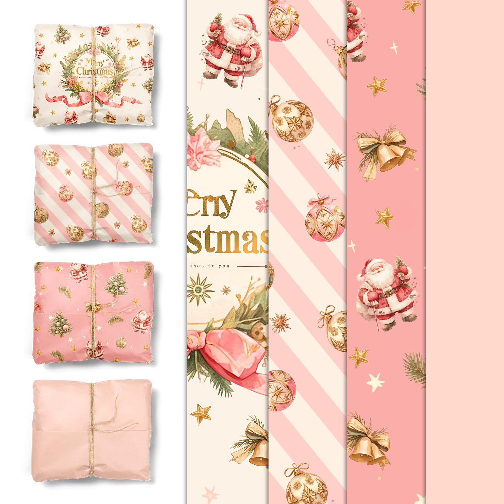 NICROHOME EUR 24 Sheets Christmas Tissue Paper, Pink Tissue Wrapping paper with Bow bell Santa Cl... | Amazon (US)