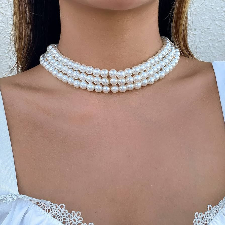Wiwpar Imitation Pearl Choker Necklace Vintage Multi Strands Pearl Necklace 20s Flapper Necklace ... | Amazon (US)