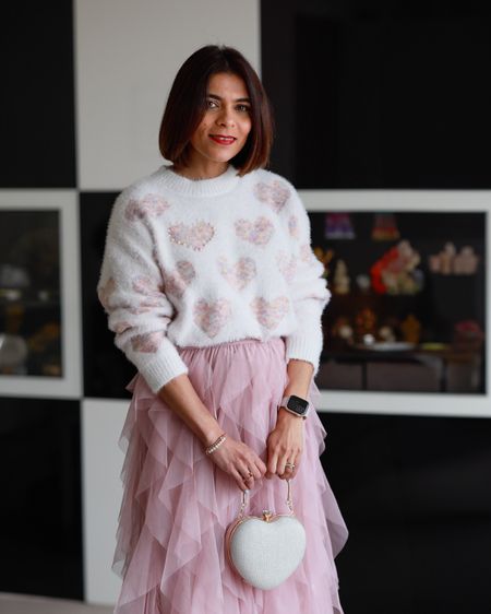 Pink Heart Knit Sweater Pink Tulle Midi Skirt Heart Shape Clutch Silver Valentine’s Outfit Cute Outfit Date Night Outfit Petite Outfit

#LTKstyletip #LTKeurope #LTKover40