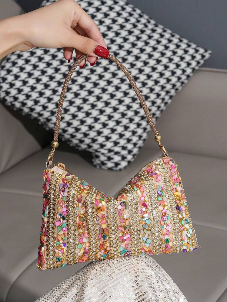 New Dressy Rhinestone Decorated Handbag Clutch, Party/Event Tote, Zipper Closure, European&Americ... | SHEIN