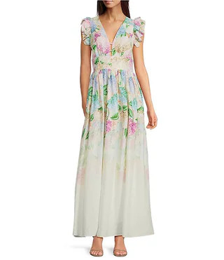 Floral Print V-Neck Flutter Cap Sleeve A-Line Flounce Maxi Dress | Dillard's