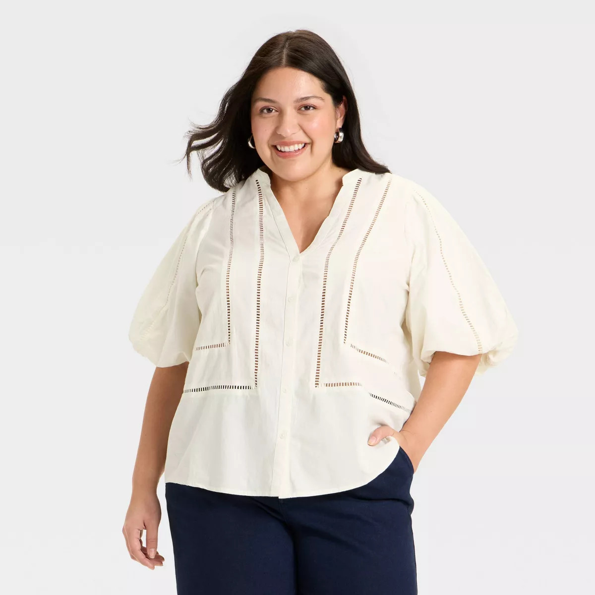 Women's Balloon Elbow Sleeve V-Neck Button-Down Shirt - Ava & Viv™ | Target