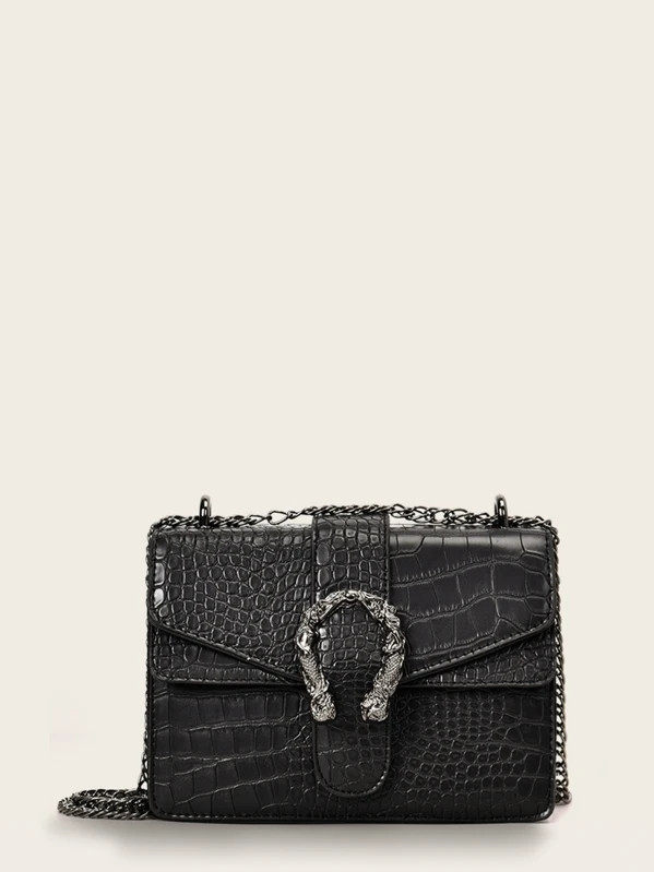 Croc Embossed Flap Chain Crossbody Bag | SHEIN