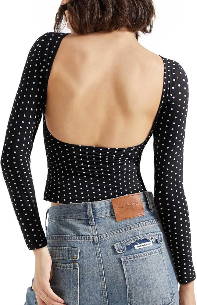 SUUKSESS Women Backless Going Out Tops Double Lined Open Back Basic Long Sleeve | Amazon (US)