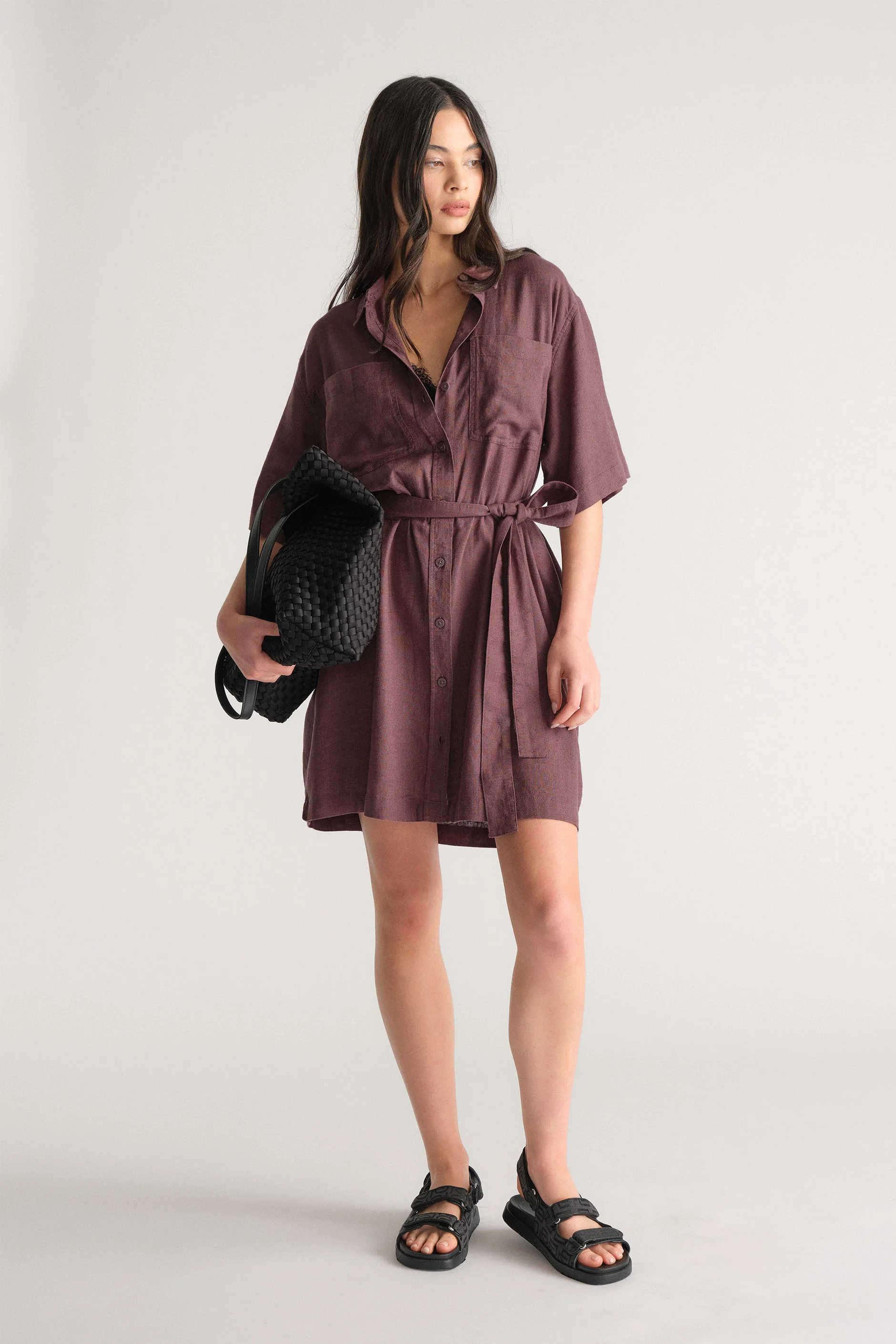 D-Luxe Linen Blend Short Dress - Rum Raisin | DECJUBA | DECJUBA