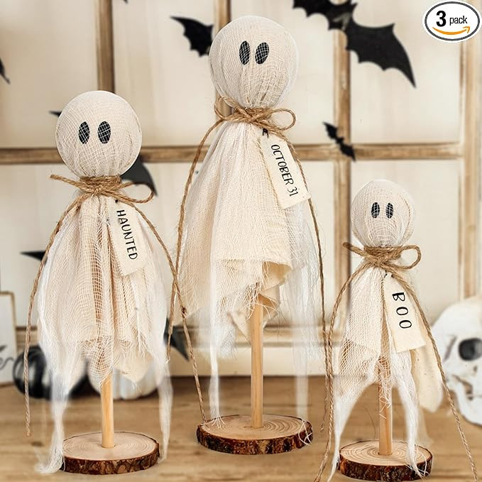 DAZONGE Halloween Decorations Indoor - Set of 3 Primitive Halloween Ghosts on Wooden Stand for Ta... | Amazon (US)