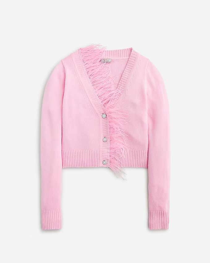 Feather-trim cropped cardigan sweater with jewel buttons | J. Crew US