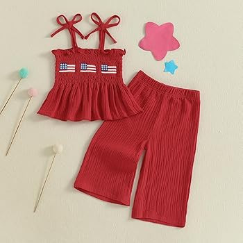 Kayotuas 4th of July Toddler Girl Outfit Usa Smocked Spaghetti Strap Tank Top Dress Wide Leg Pant... | Amazon (US)